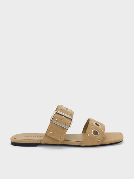 Sandalias Slide de Antelina con Hebillas y Ojales, Arena, hi-res
