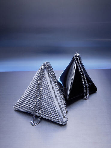 Crystal-Embellished Chain-Handle Triangle Clutch, Silver, hi-res