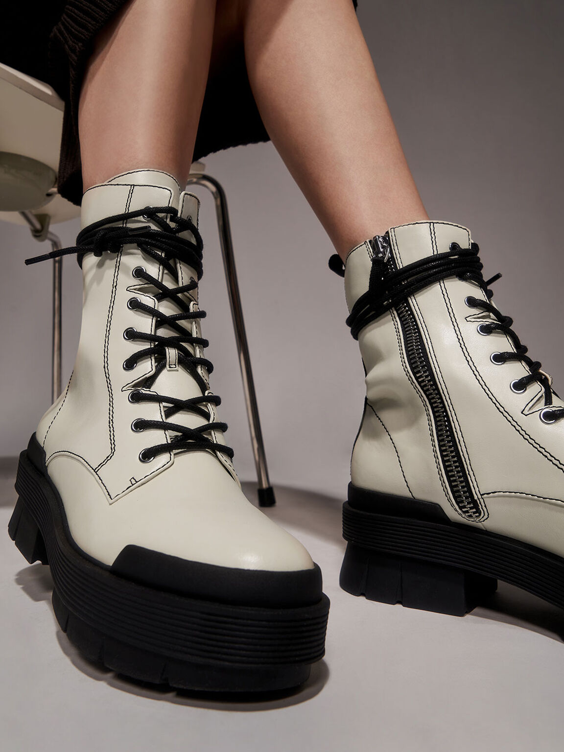 Stitch Detail Combat Boots, Chalk, hi-res