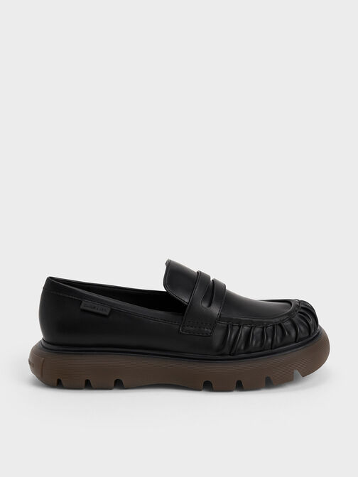 Ruched Ridged-Sole Penny Loafers, Black Textured, hi-res