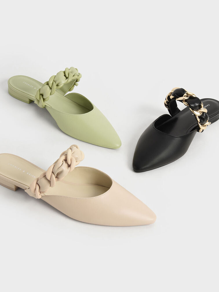 Braided Chain-Link Flat Mules, Chalk, hi-res