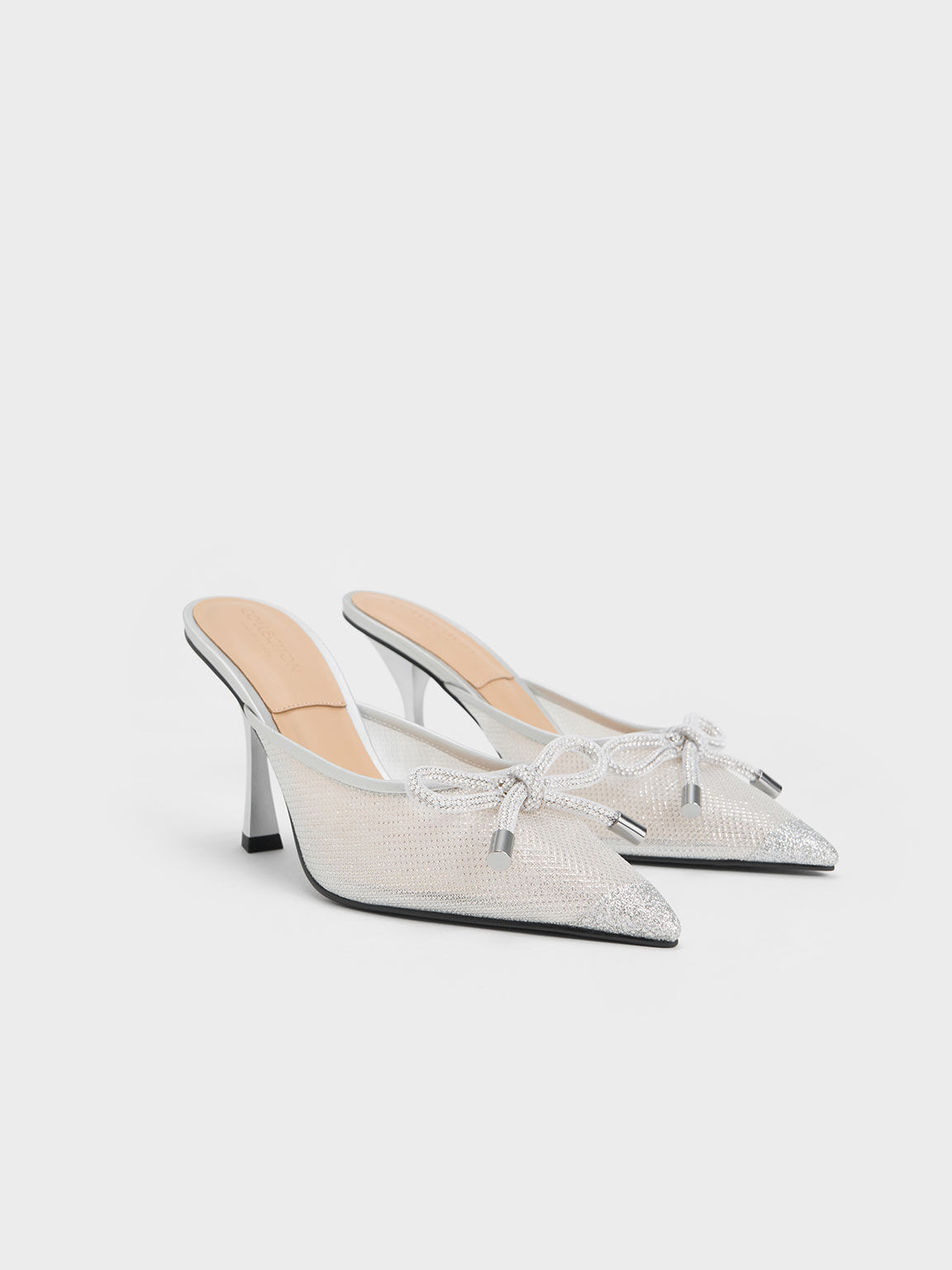 Bow-Tie Mesh Mules, Silver, hi-res