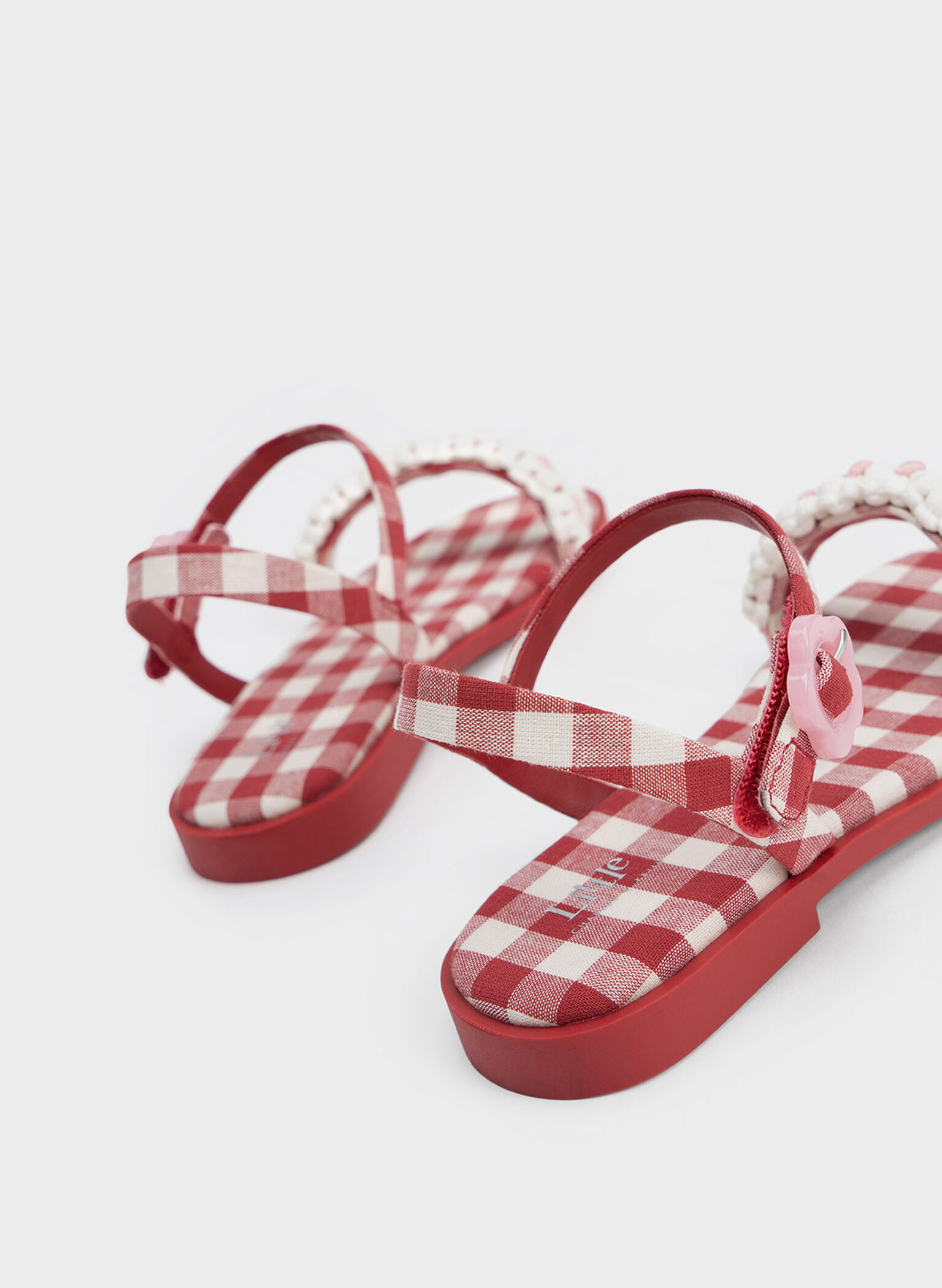 Girls' Floral Gingham Sandals, Red, hi-res