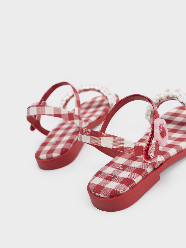 Girls' Floral Gingham Sandals, Red, hi-res