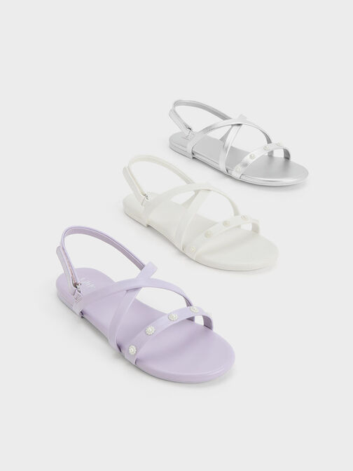 Girls' Flower-Beaded Strappy Sandals, Lilac, hi-res