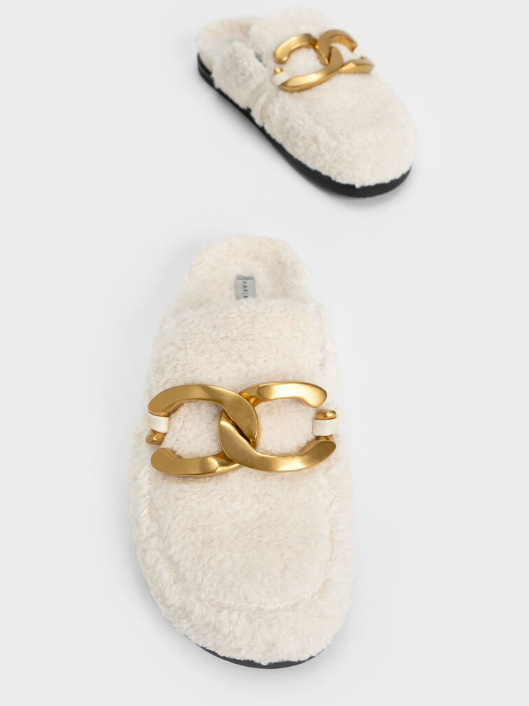 Metallic Accent Furry Loafer Mules, Chalk, hi-res