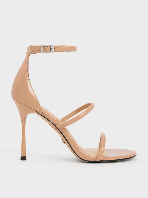 Patent Leather Triple Strap Heeled Sandals, Nude, hi-res