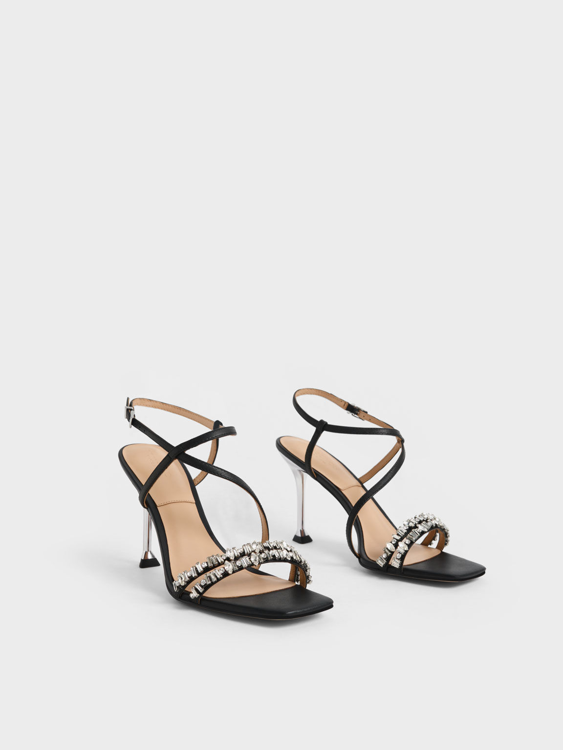 Leather Gem-Embellished Strappy Sandals, Black, hi-res