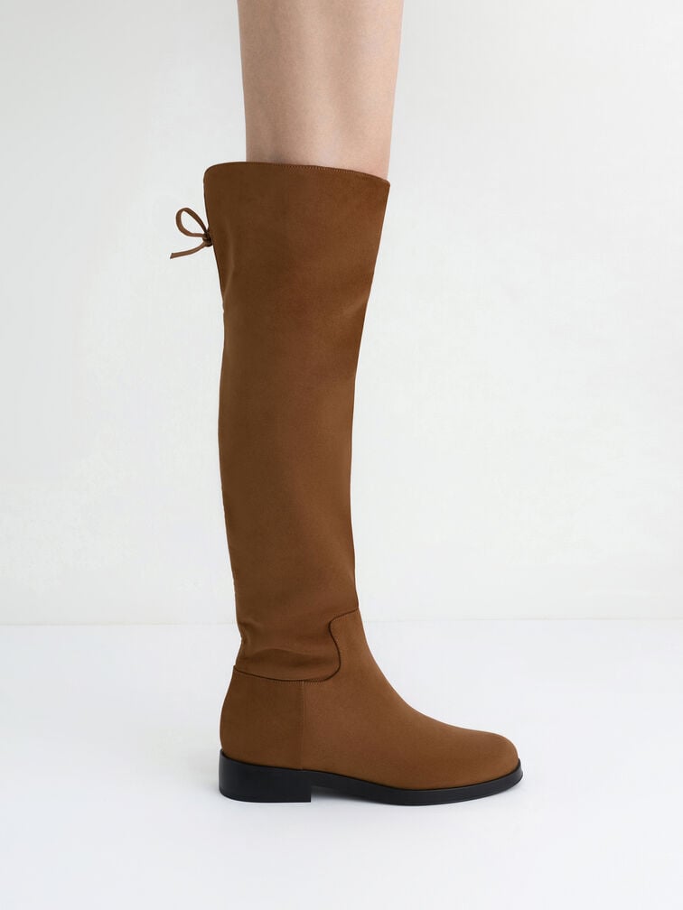 Faux Suede Fold-Over Back-Tie Thigh-High Boots, Brown, hi-res
