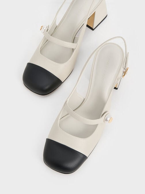 Zapatos destalonados con tacón trapecio y perlas, Blanco tiza, hi-res