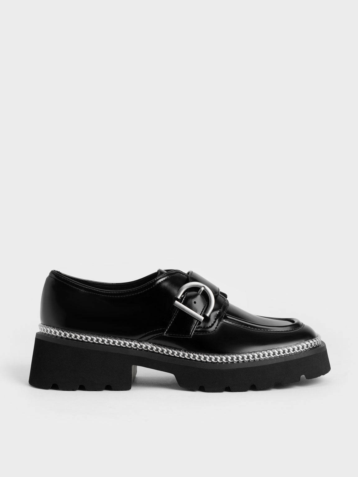 Buckled Chain-Trim Loafers, Black, hi-res