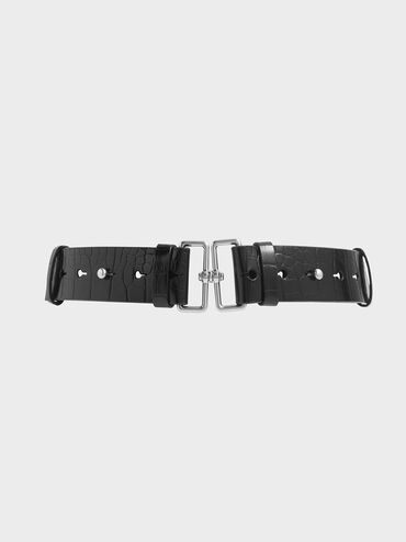 Croc-Effect Double Buckle Waist Belt, Black, hi-res