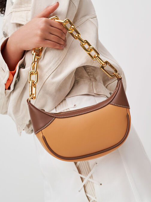 Shalia Chain-Handle Moon Bag, Pumpkin, hi-res
