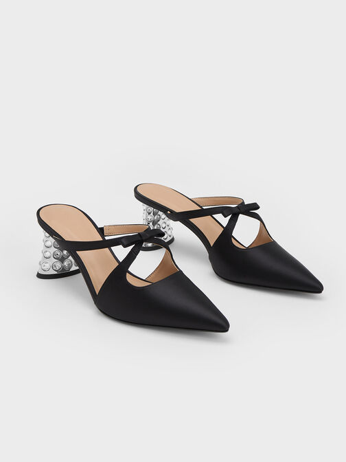 Bow Crossover Gem-Embellished Mules, Black, hi-res