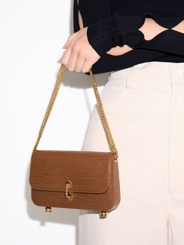 Meriah Croc-Embossed Clutch, Chocolate, hi-res