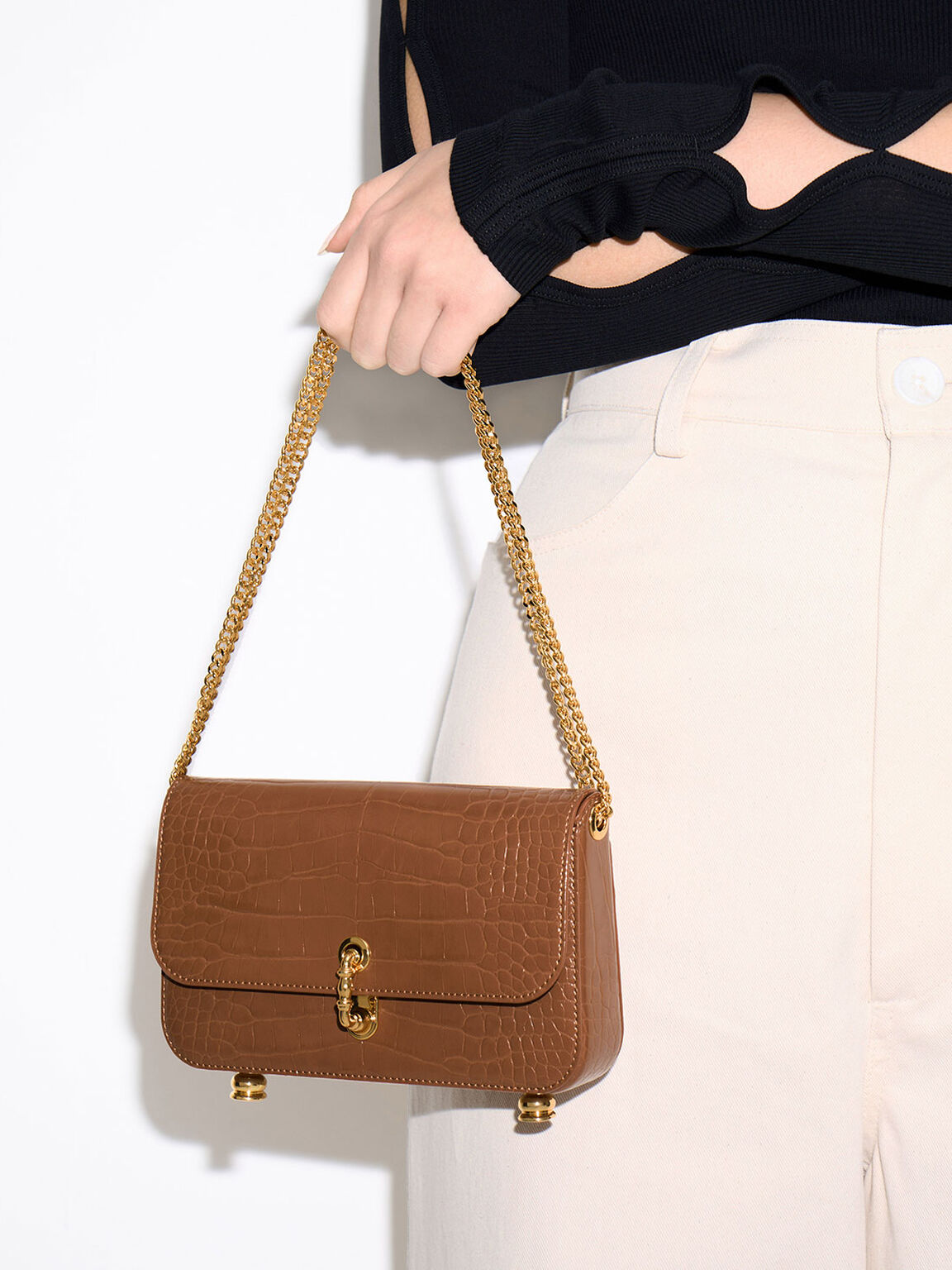 Meriah Croc-Embossed Clutch, Chocolate, hi-res