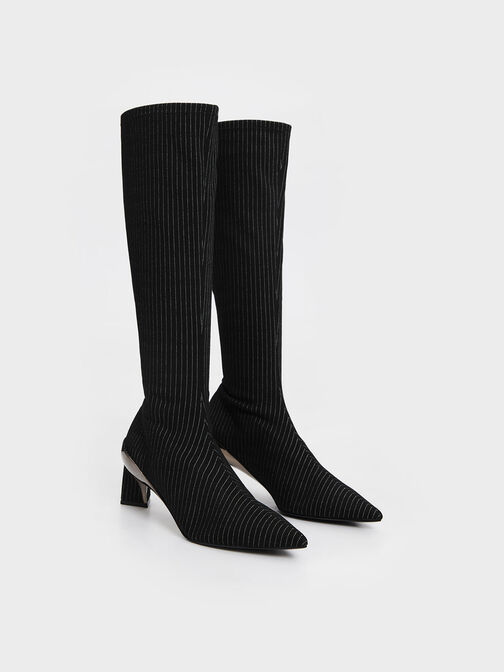 Devon Striped Metallic Blade-Heel Knee-High Boots, Dark Grey, hi-res