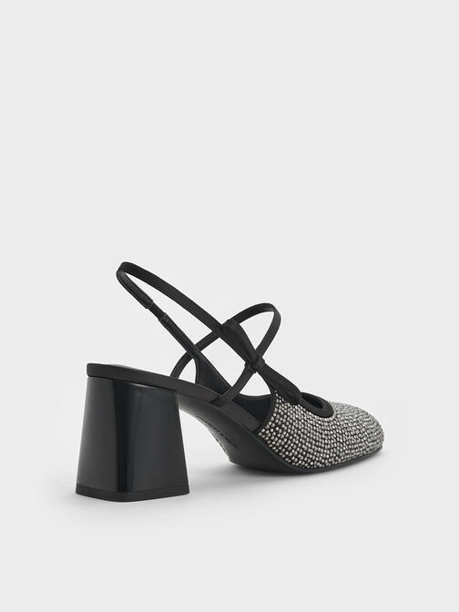 Merceditas de tacón slingback de satén con adornos de cristal, Negro texturizado, hi-res