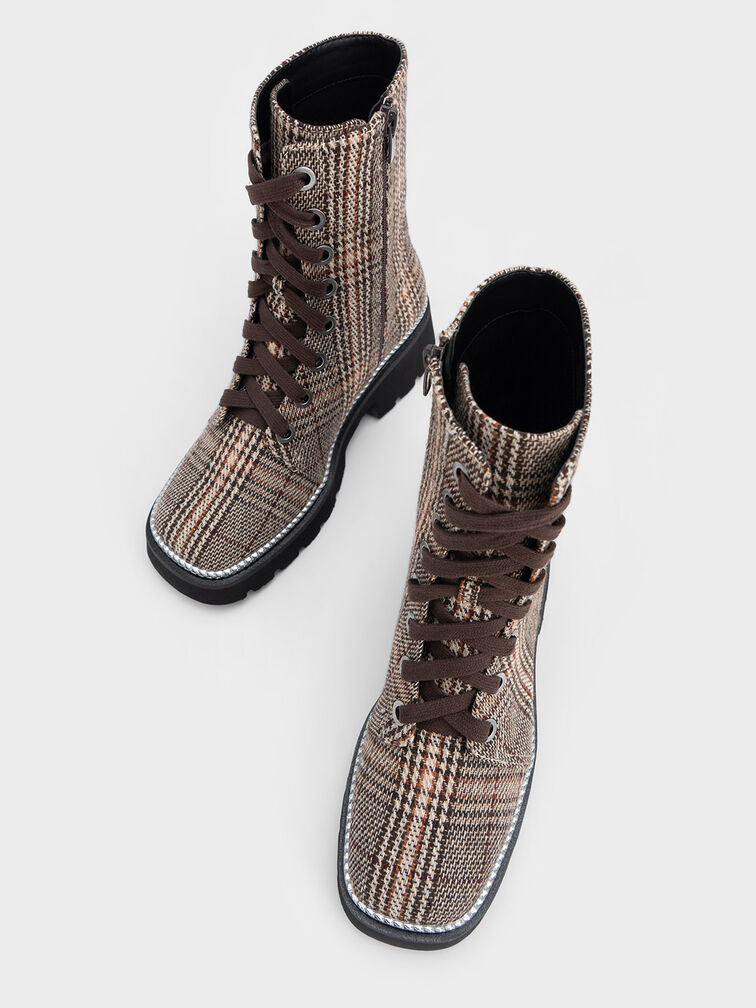 Checkered Chain-Trim Lace-Up Boots, Dark Brown, hi-res
