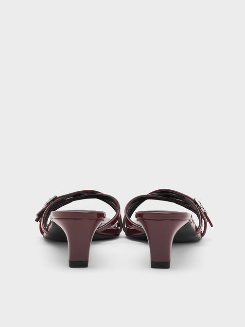 Patent Buckled Strappy Kitten-Heel Mules, Burgundy, hi-res