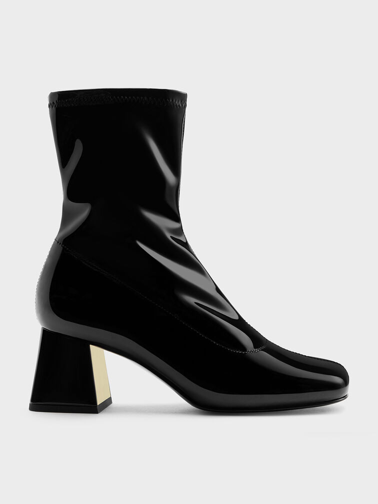 Patent Metallic Trapeze Heel Ankle Boots, Black Patent, hi-res