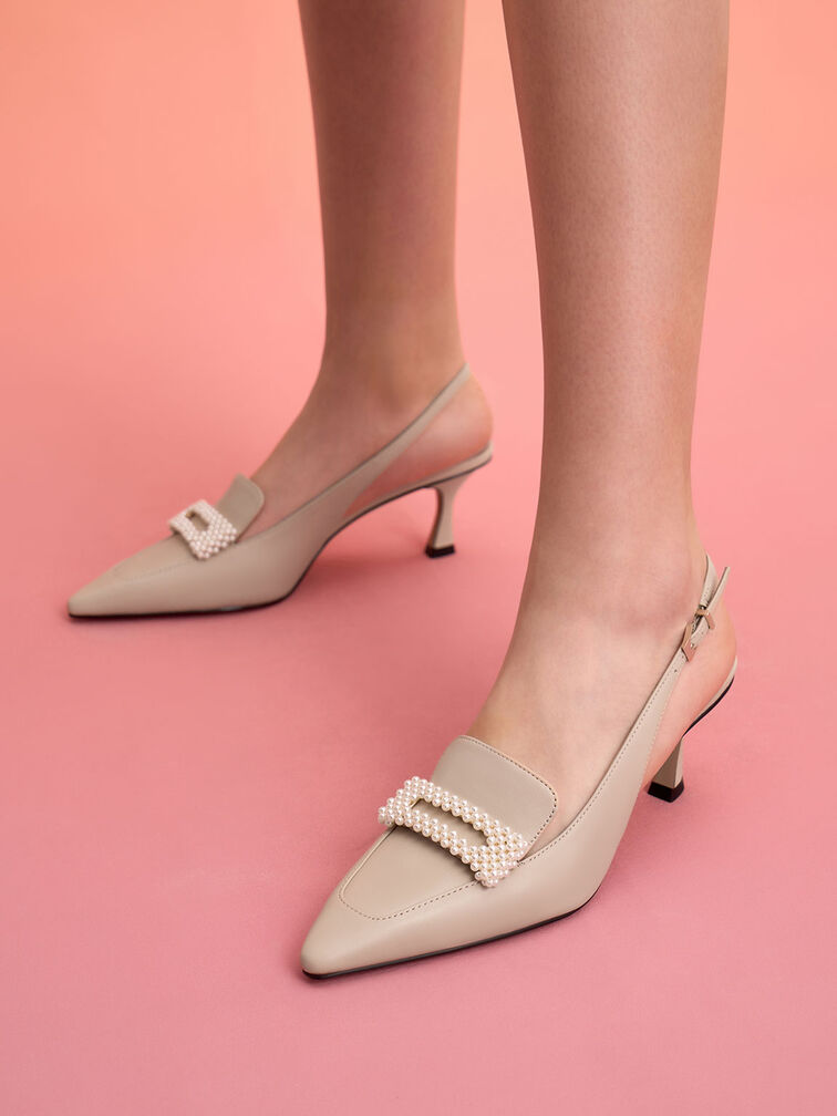 Leather Beaded Slingback Pumps, Beige, hi-res