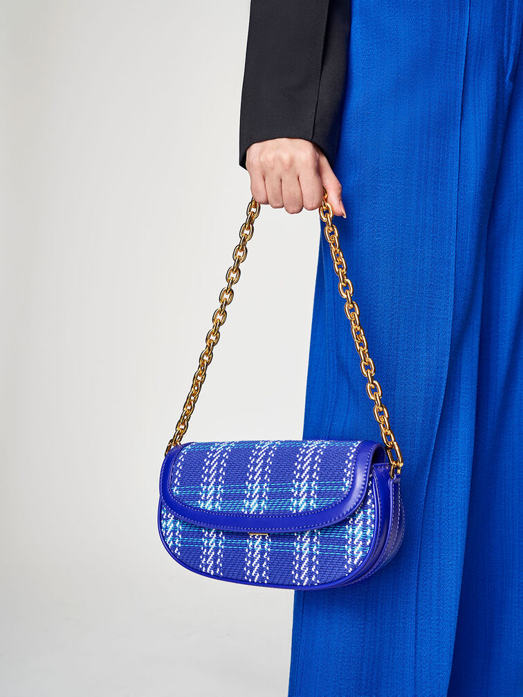 Bolso con asa de cadena curvada de tweed Lillie, Azul cobalto, hi-res