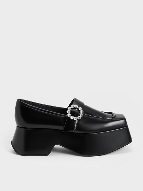 Gem-Embellished Chunky Platform Loafers, Black, hi-res