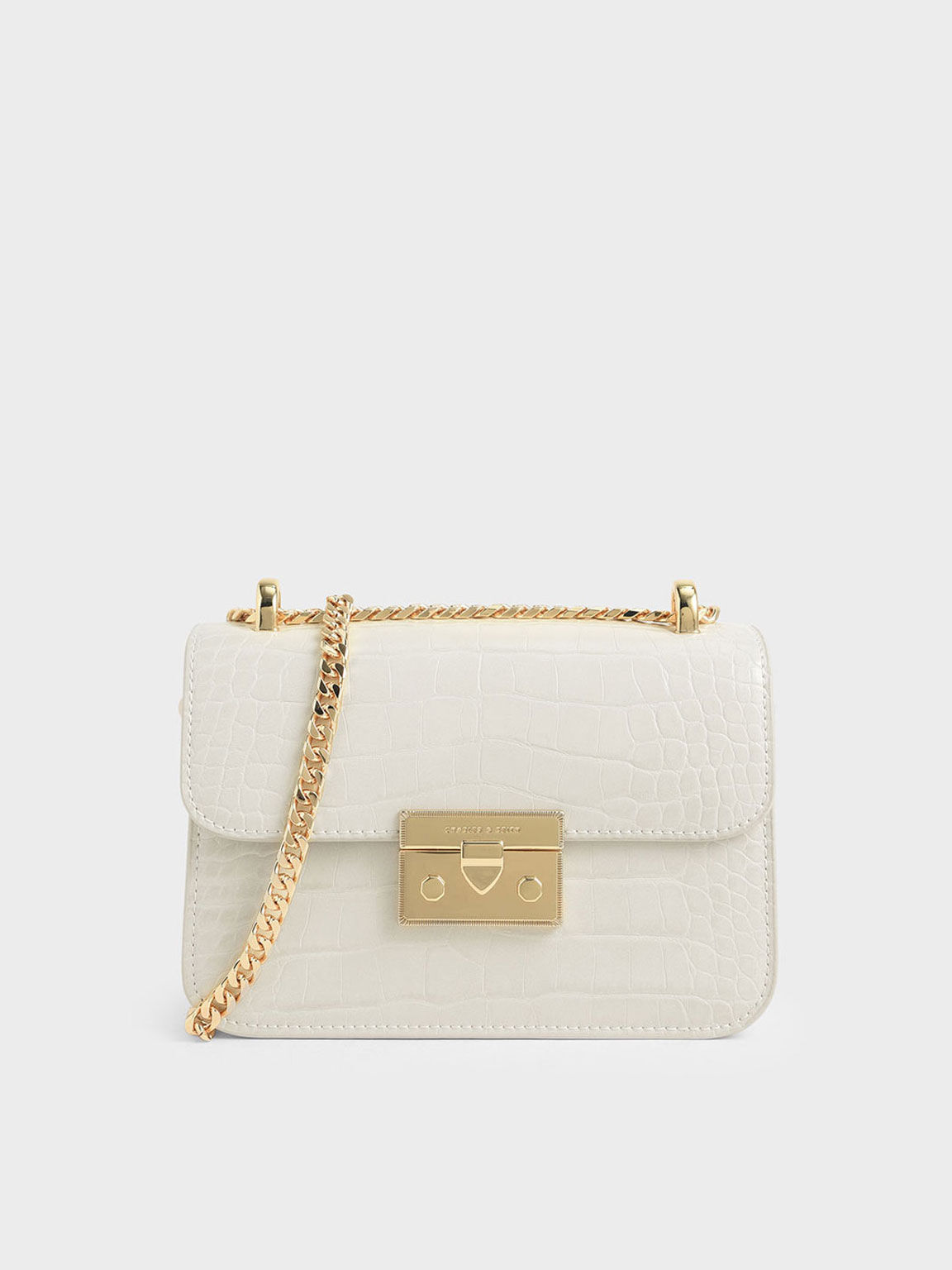 Croc Effect Chain Strap Crossbody Bag Chalk