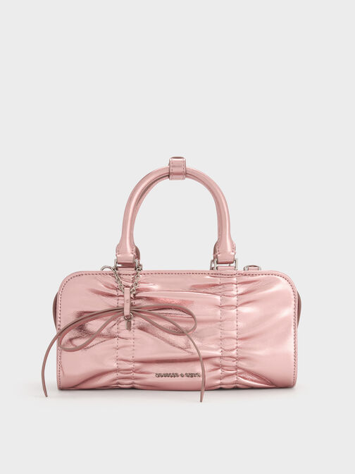 Kadee Metallic Ruched Bow-Charm Bowling Bag, Aura Pink, hi-res
