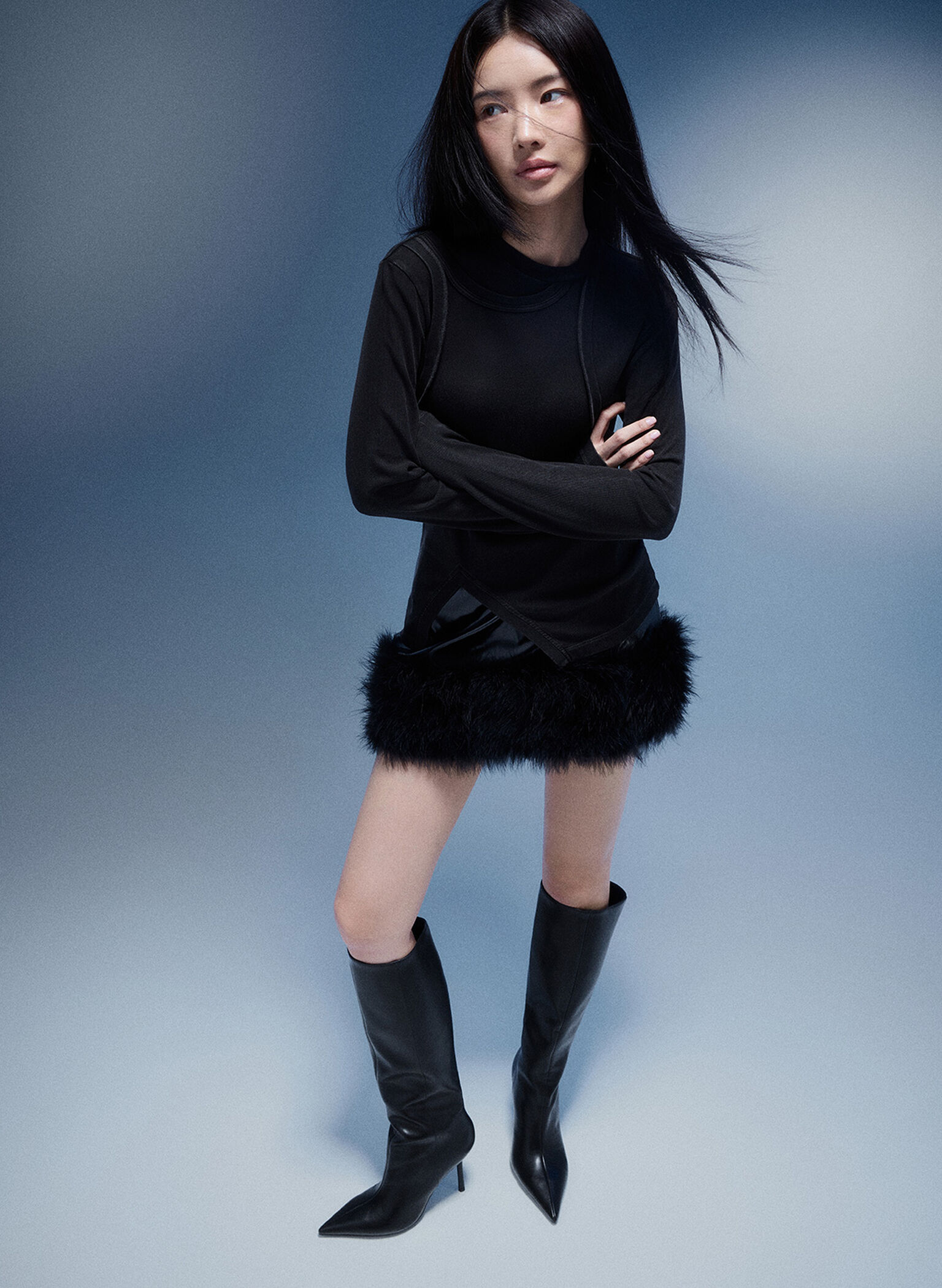 Pointed-Toe Stiletto-Heel Knee-High Boots, Black, hi-res