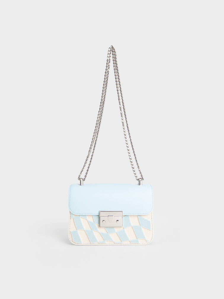 Metallic Push-Lock Checkered Chain Bag, Light Blue, hi-res