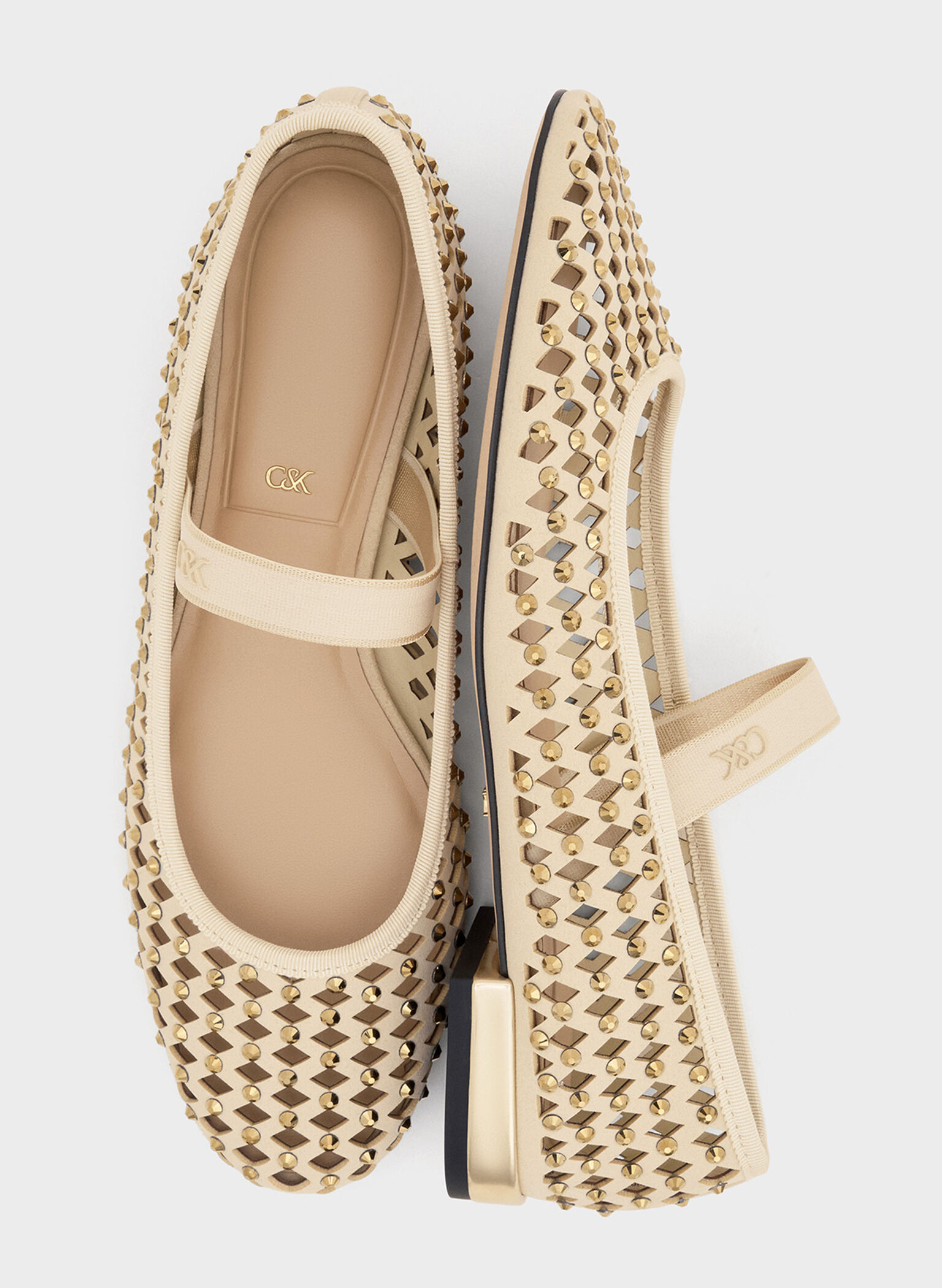 Studded Cut-Out Mary Jane Flats, Cream, hi-res