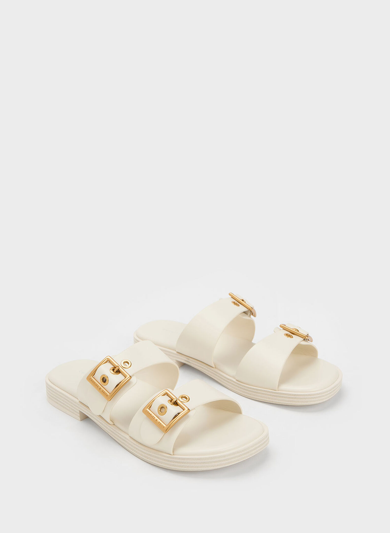 White Buckled Double Strap Slide Sandals - CHARLES & KEITH PH