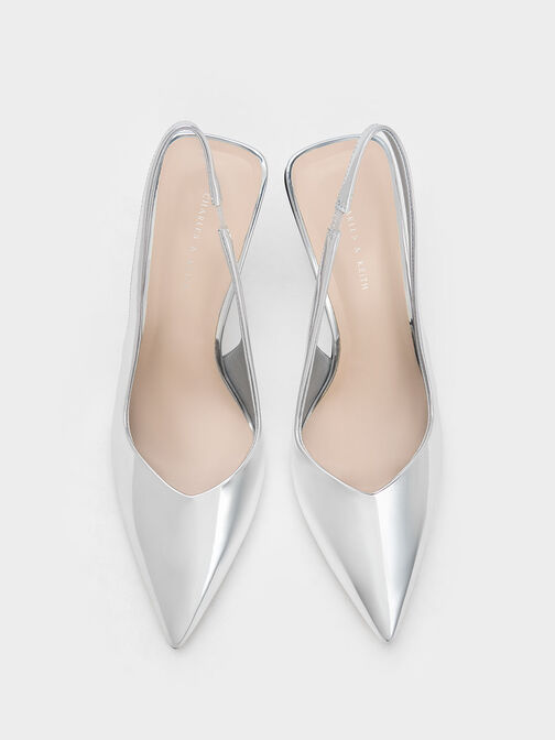 Metallic Sculptural Slingback Wedges, Silver, hi-res