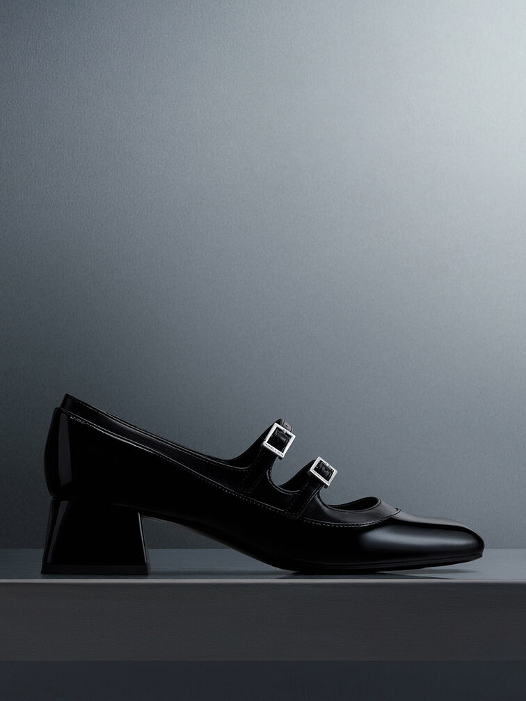 Patent Double Buckle Mary Janes, Black Patent, hi-res