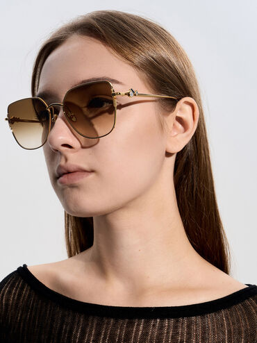Gafas de sol con montura de metal y diseño de mariposa con cristales, Dorado, hi-res