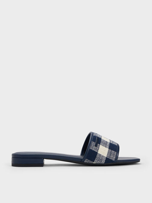 Woven Gingham Flat Sandals, Dark Blue, hi-res