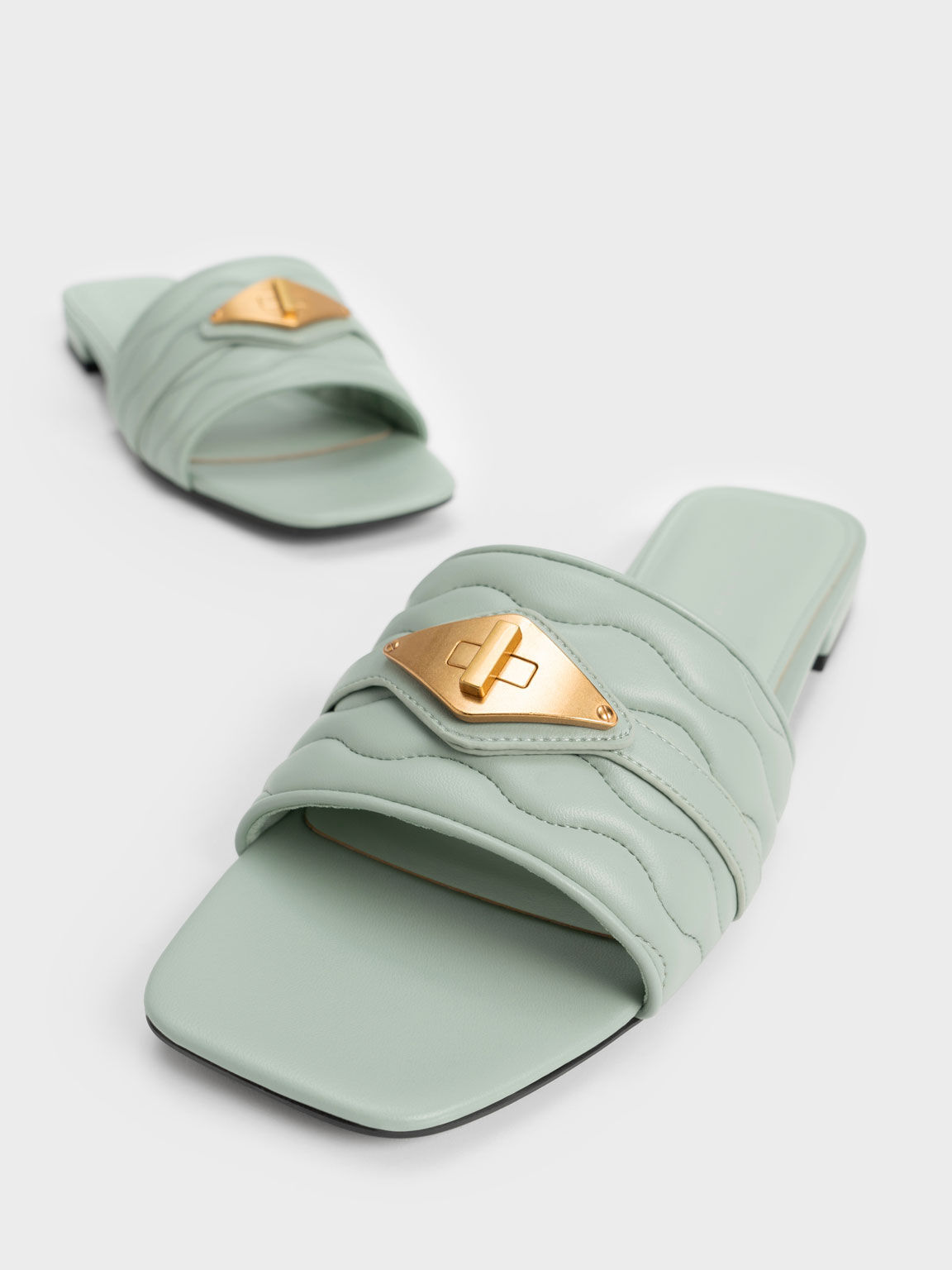 Metallic Buckle Textured Slides, Mint Green, hi-res