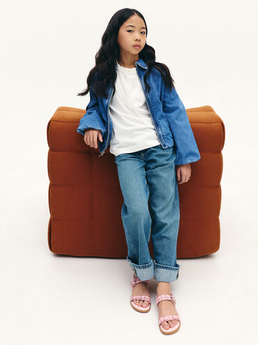 Girls' Tweed Crystal-Buckle Double-Strap Slingback Sandals, Pink, hi-res