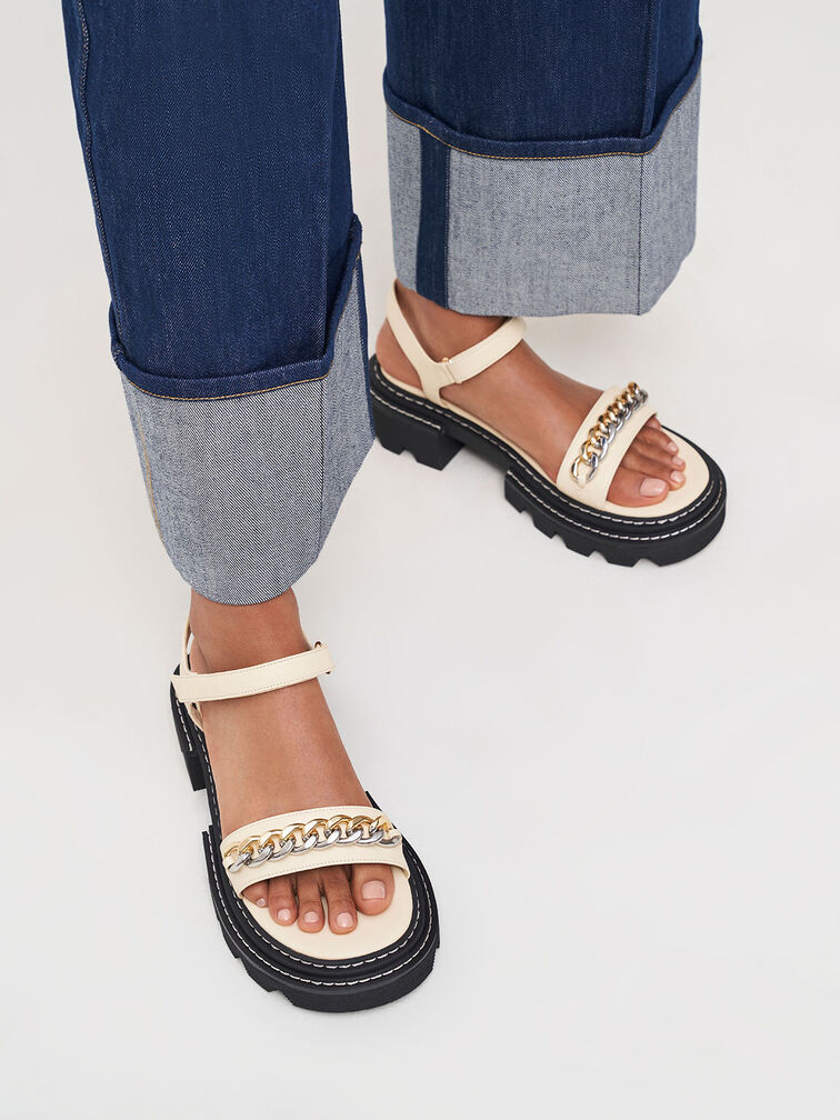 Chain-Link Contrast-Trim Sandals, Chalk, hi-res