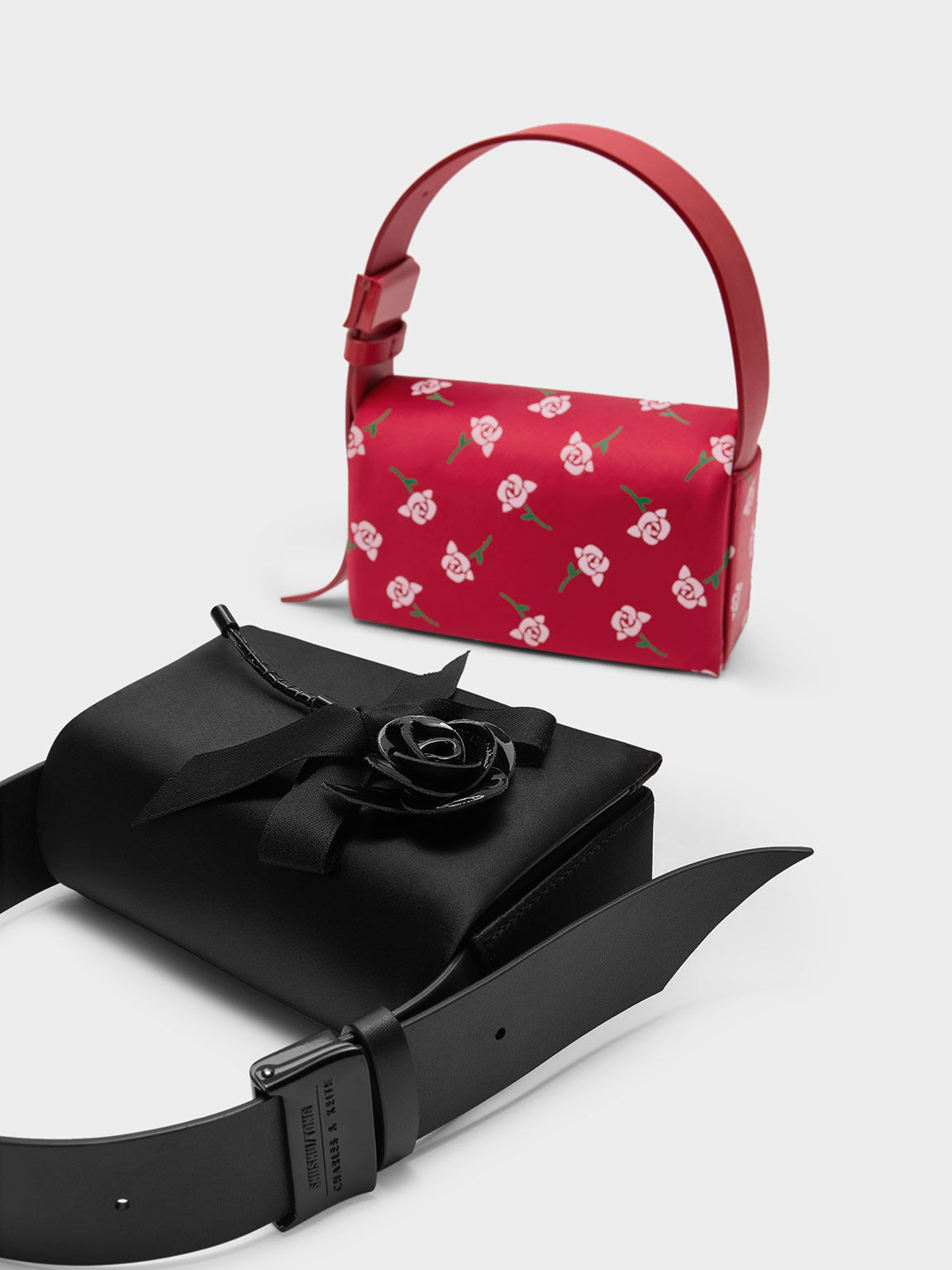 SHUSHU/TONG x CHARLES & KEITH: Chloris Satin & Leather Rose-Embellished Shoulder Bag, Black, hi-res