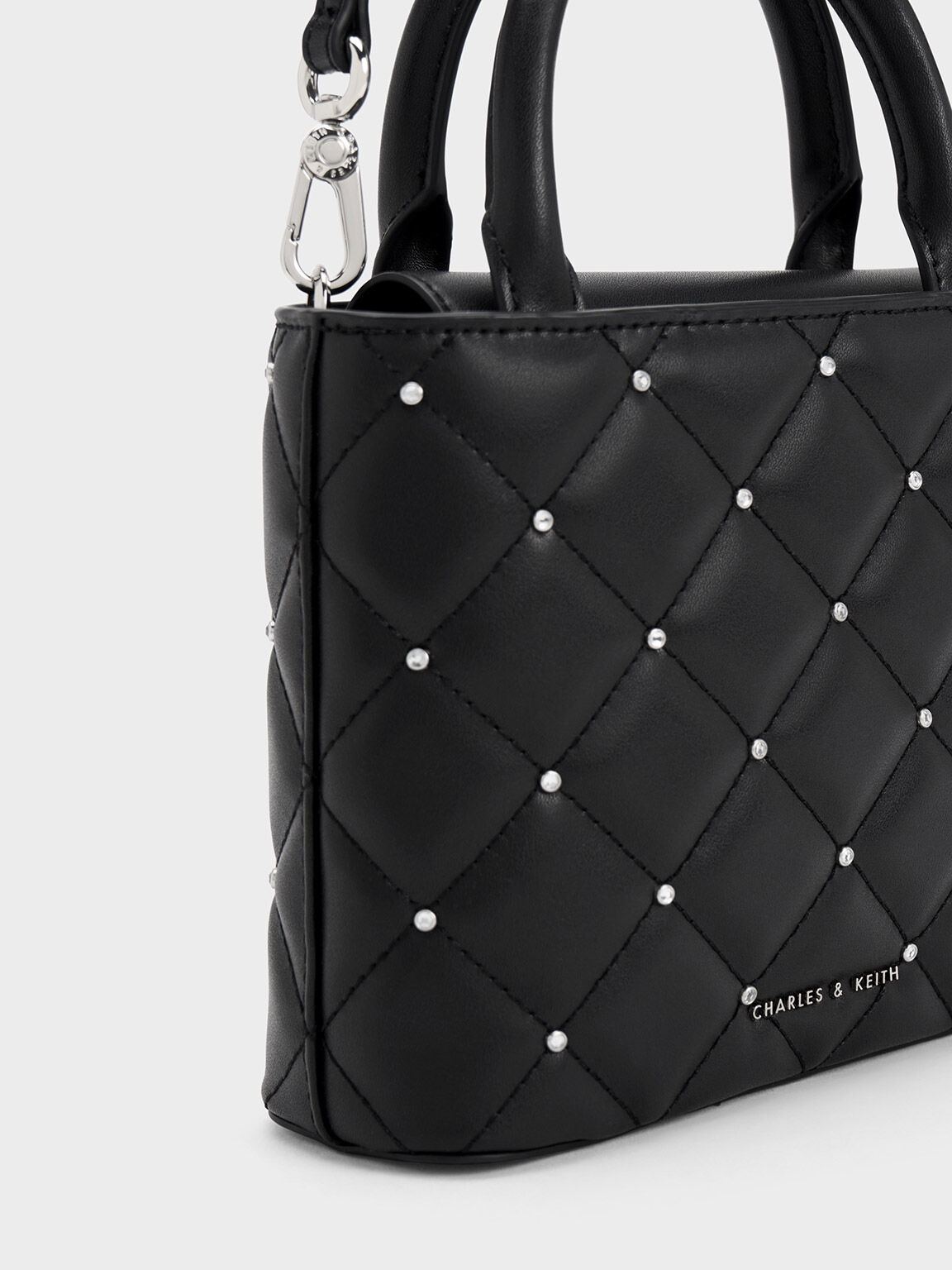 Bolso tote acolchado con pedrería, Black, hi-res