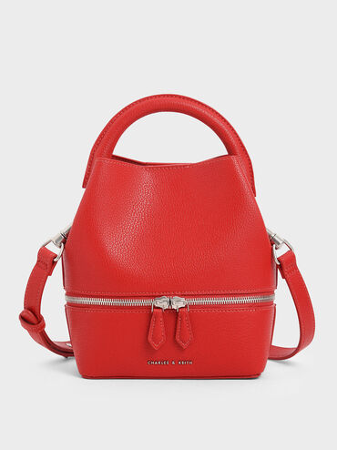 Two-Way Zip Bucket Bag, Red, hi-res