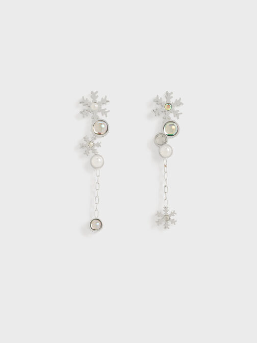 Snowflakes-Motif Pearl & Crystal Drop Earrings, Silver, hi-res