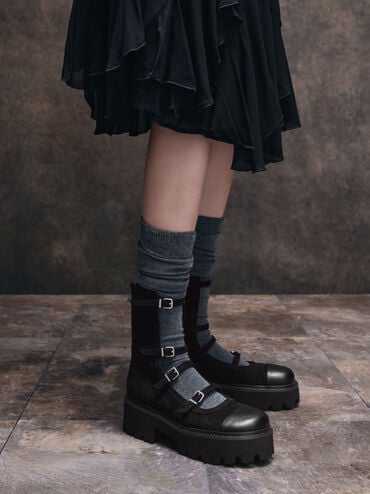 Botas Celia gruesas de antelina de caña media a la pantorrilla con múltiples tiras con hebilla, Negro texturizado, hi-res