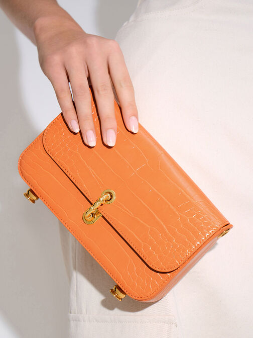 Meriah Croc-Embossed Clutch, Orange, hi-res