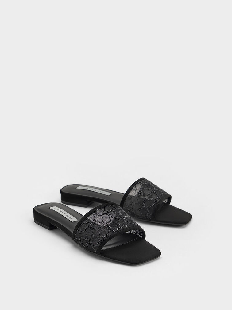 Bead-Embellished Mesh Flat Sandals, Black, hi-res