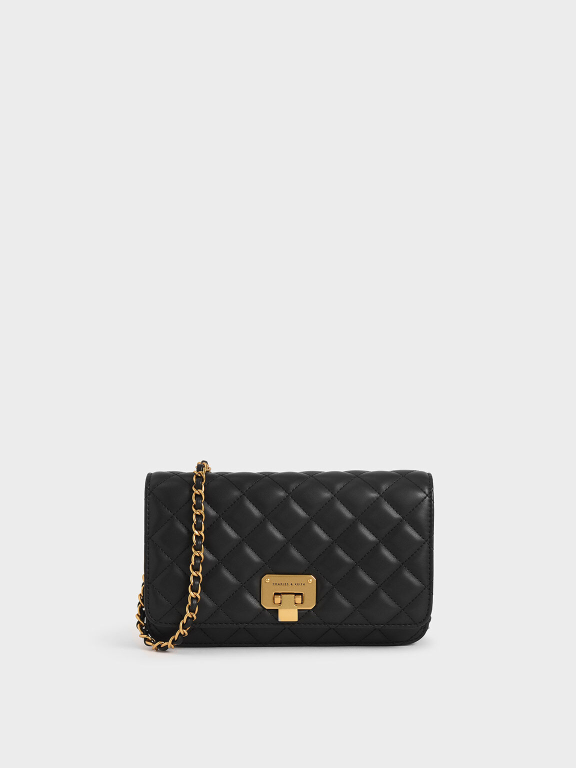 Quilted Flip-Lock Clutch, Black, hi-res