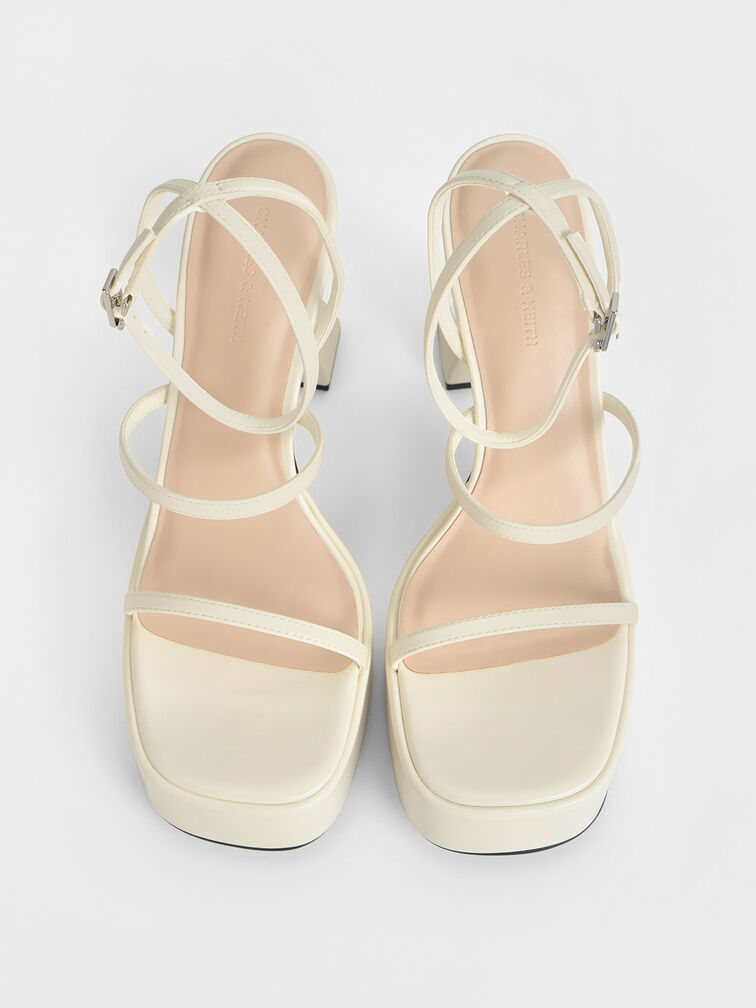 Strappy Sculptural-Heel Platform Sandals, Cream, hi-res